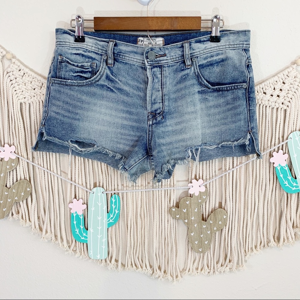 Free People Distressed Raw Hem Button Fly Shorts